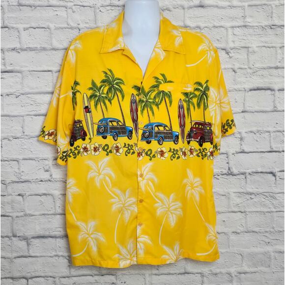 Pacific & Co Shirt Mens Size Large Yellow Short Sleeve Button Up Hawaiian Cars - Picture 1 of 15